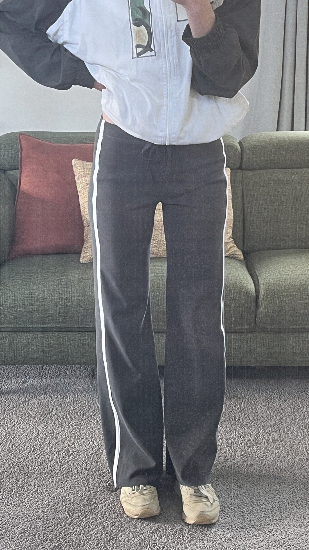 GOTS certified organic cotton low waisted pants dark grey colour with 2 white stripes down the side with a drawstring waist band 